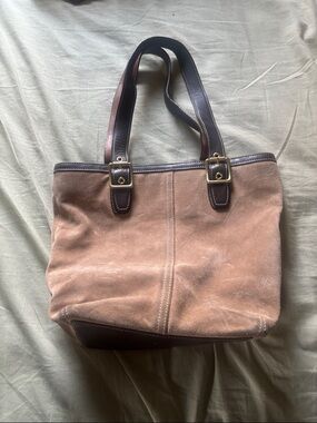 Coach Pink-Tan Suede Tote with Dark Brown Leather Trim